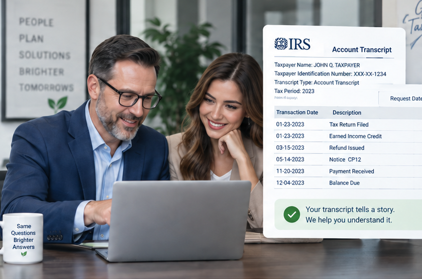 Illustrative image of a man and woman reviewing tax information together